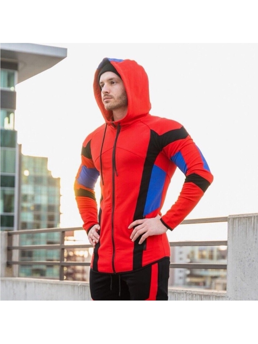 Men's Red Hooded Zip Jacket with Blue & Black Color-Block Panels